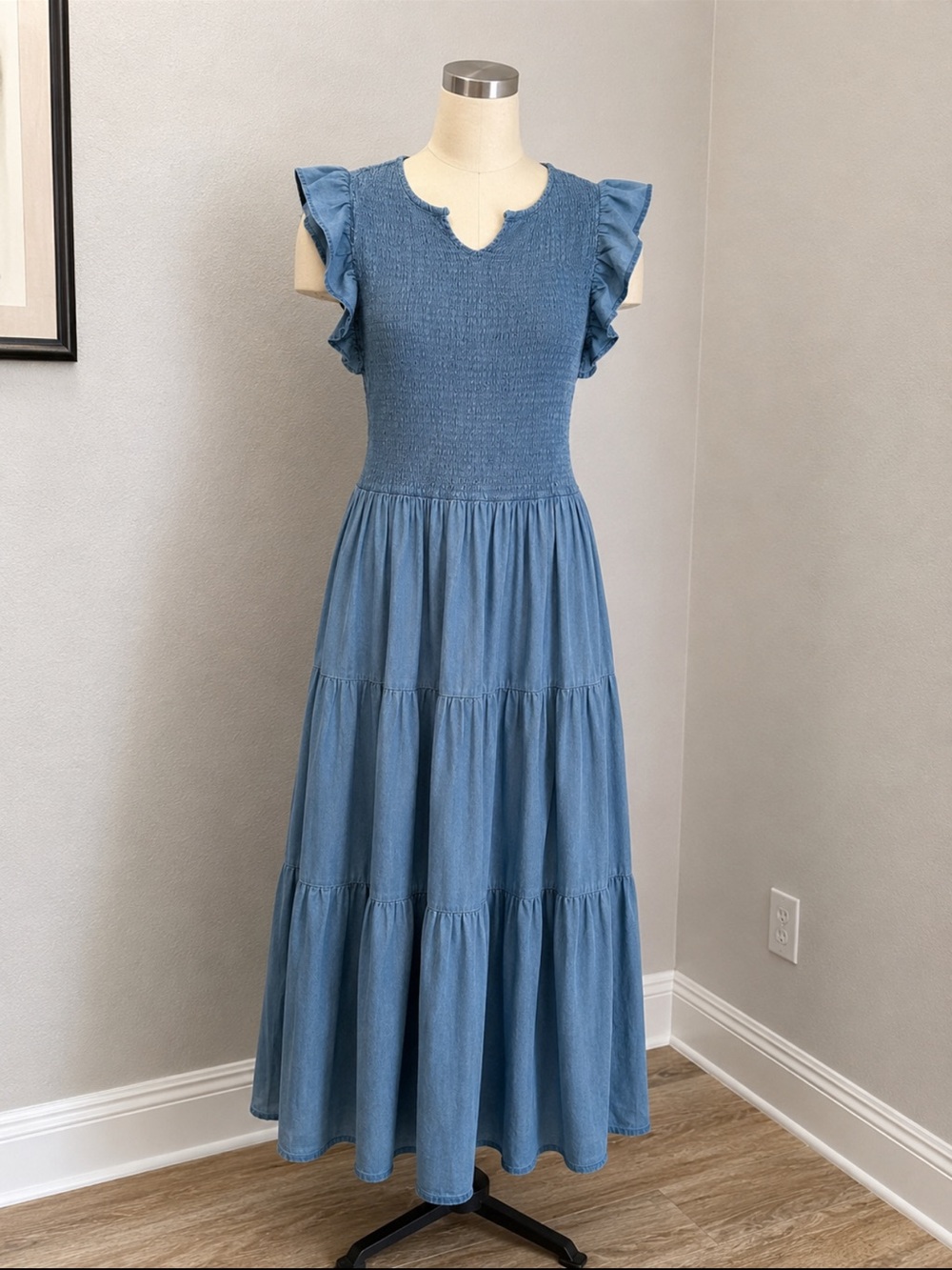 Smocked Blue Tiered Maxi Dress with Ruffle Sleeves